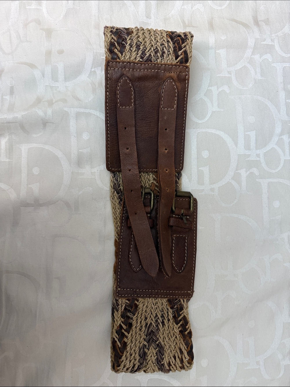 Leather-Trim Woven Belt Bag Strap in Brown and Tan